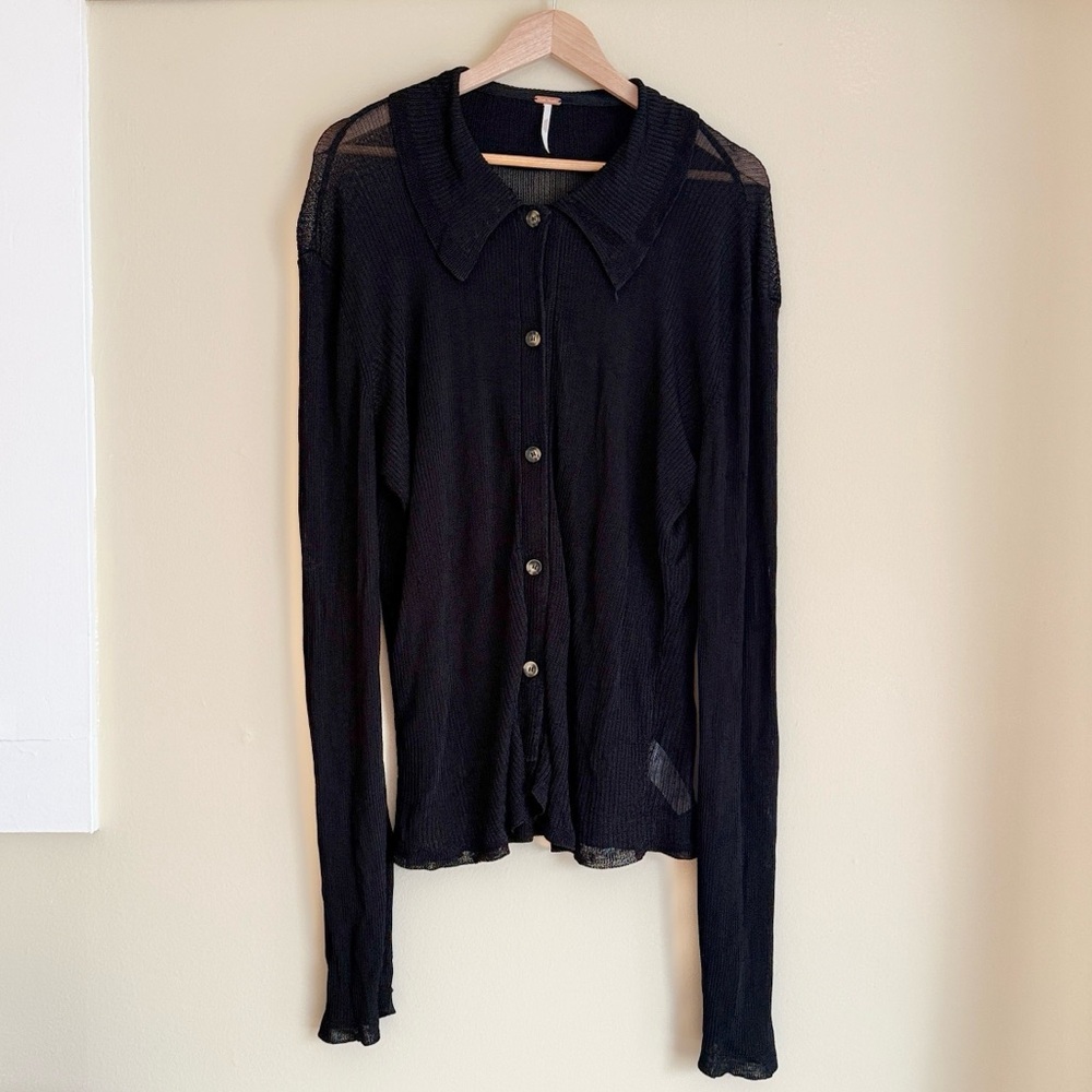 Free People Sz L Black Knit Top beach long sleeve button up satin like feel